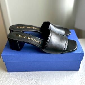 STUART WEITZMAN Cayman 35 Block Slide Black Leather Heeled Slides Luxury Sandals